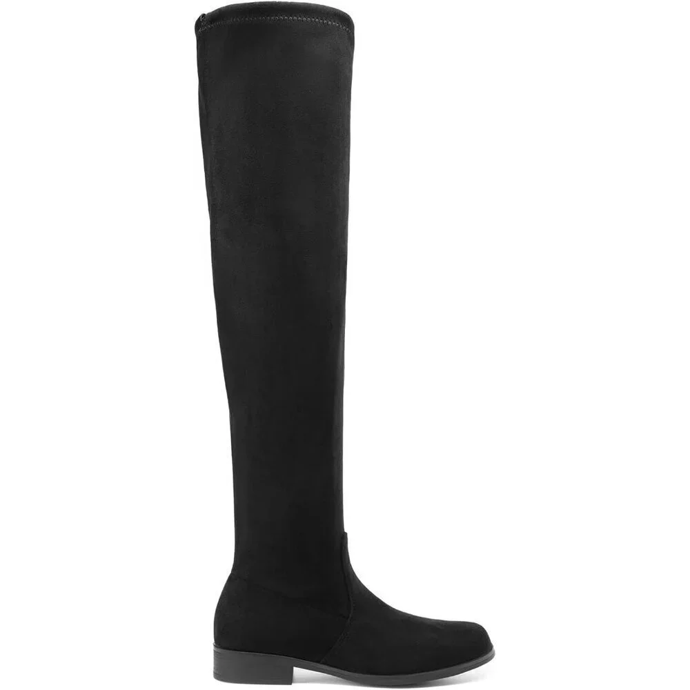 Women's Black-suede Thigh High Low Block Heel Casual Fashion Over the Knee Boots